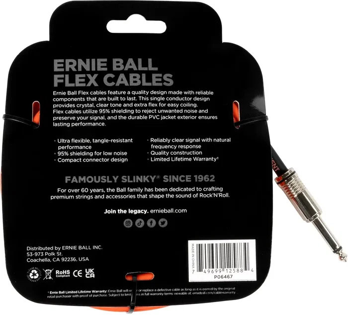Ernieball Câble Instrument Flex Jack-Jack SS 6m - Orange Ernieball