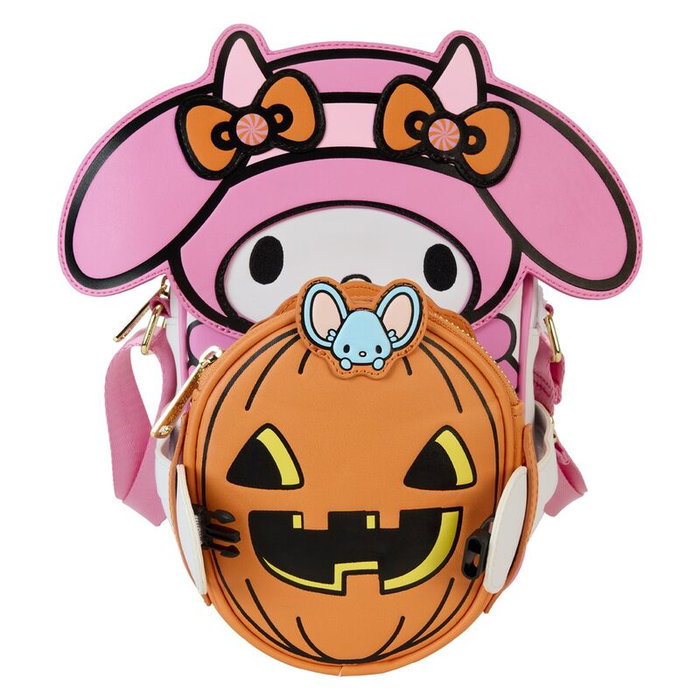 LOUNGEFLY Sac à dos Devil My Melody Sanrio en similicuir vegan, réversible, détails dorés, brodé et phosphorescent, 15.6x20.6x5.6 cm