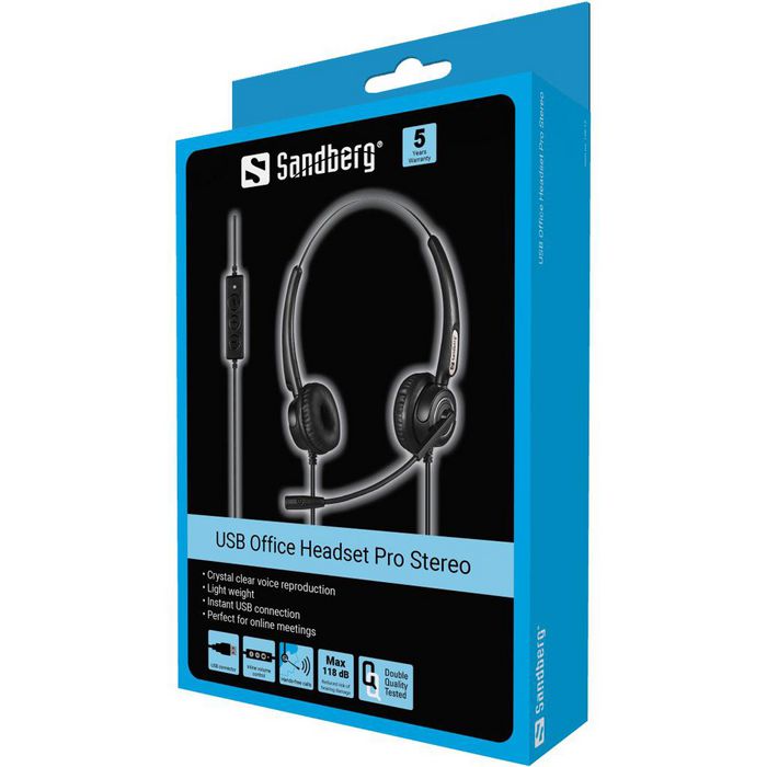 Sandberg USB Office Headset Pro Stereo - Casque avec micro pour bureau et réunions en ligne, connexion USB, stéréo
