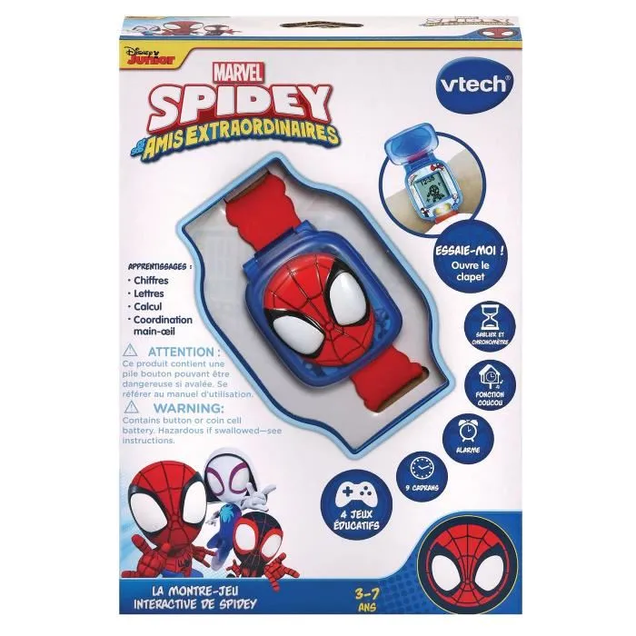 VTECH - Montre-Jeu Interactive pour Enfants 3+ avec Écran Animé - Apprentissage avec Spidey et son Équipe - Rouge et Bleu - Garantie 2 ans