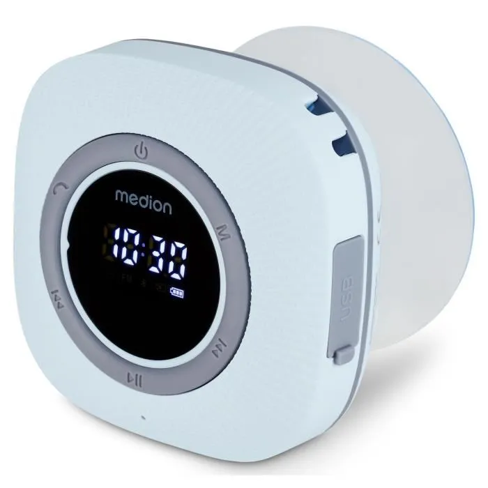 MEDION Radio de Douche FM Bluetooth IPX6 Étanche avec Ventouse et Écran LED - Bleu