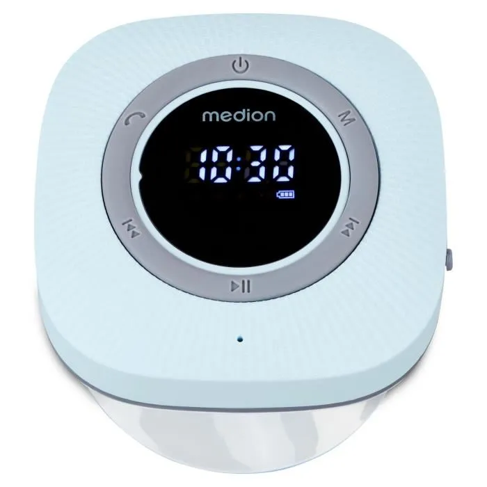 MEDION Radio de Douche FM Bluetooth IPX6 Étanche avec Ventouse et Écran LED - Bleu