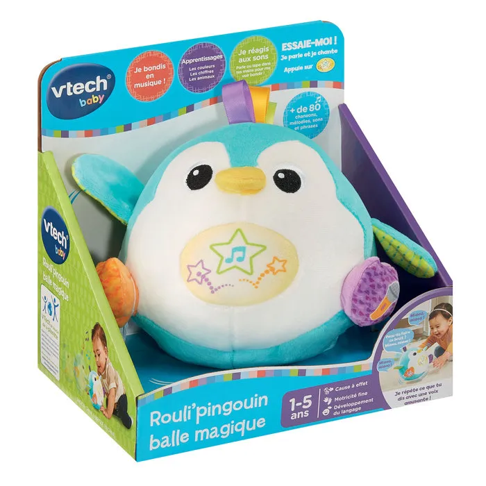 VTech Baby Rouli'pingouin balle magique - Jouet interactif parlant, chantant et roulant - Peluche sensorielle pour bébé de 1 à 5 ans - Multicolore