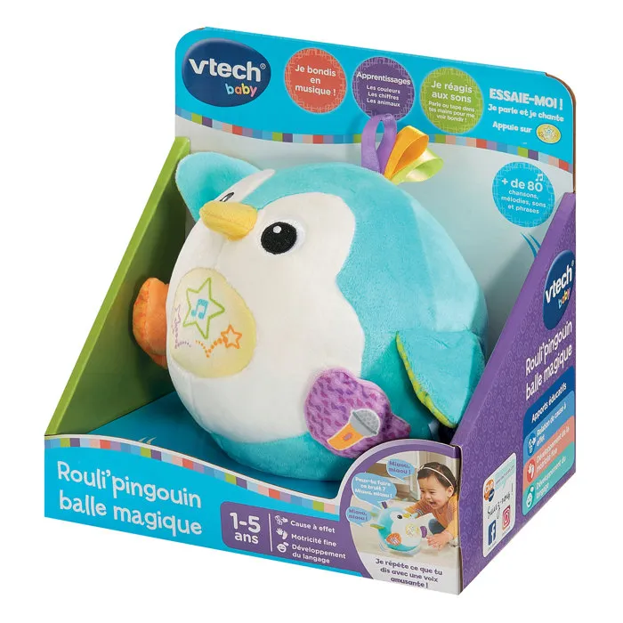 VTech Baby Rouli'pingouin balle magique - Jouet interactif parlant, chantant et roulant - Peluche sensorielle pour bébé de 1 à 5 ans - Multicolore