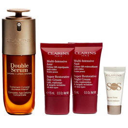 Clarins - Coffret Super Restorative Jour (15 ml) + Nuit (15 ml) + Sérum Double Anti-Âge (50 ml) + Primer Hydratant S.O.S. (5 ml) - Soins Visage