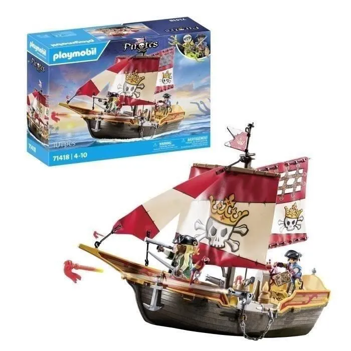 Playmobil 71418 Chaloupe de pirates avec personnages et canons, jeu de construction pour enfants dès 4 ans
