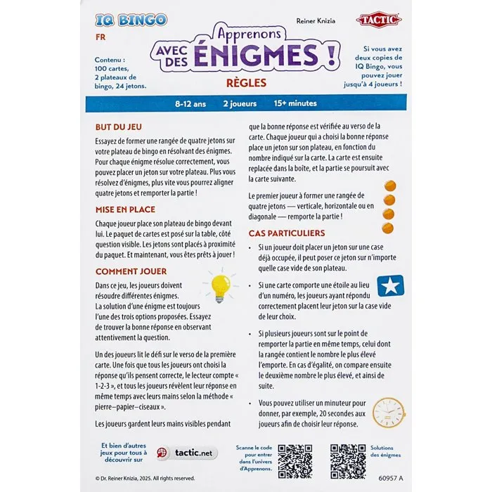 Tactic IQ Bingo - Apprenons avec des Énigmes - Jeu de Société - 2 Joueurs - De 8 à 12 Ans