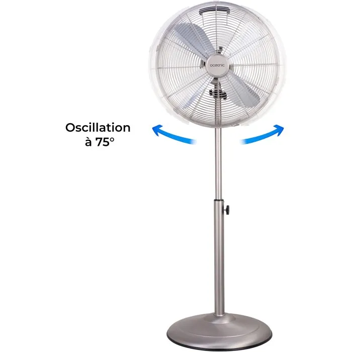 OCEANIC - Ventilateur sur pied 40 cm - 3 vitesses - Hauteur réglable 90-125 cm - Pales aluminium - Métal brossé - Puissance 50 W