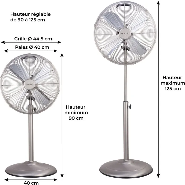 OCEANIC - Ventilateur sur pied 40 cm - 3 vitesses - Hauteur réglable 90-125 cm - Pales aluminium - Métal brossé - Puissance 50 W
