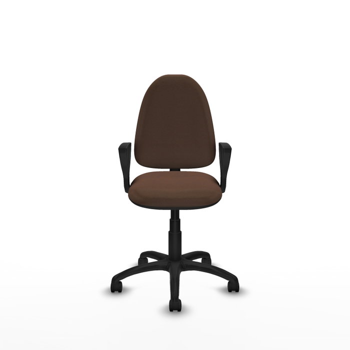 Chaise de bureau Aýna avec mécanisme de contact permanent de base, recouverte de tissu marron foncé. Équipée d'une base en polyamide noir, d'accoudoirs fixes et de roulettes en nylon de 50 mm