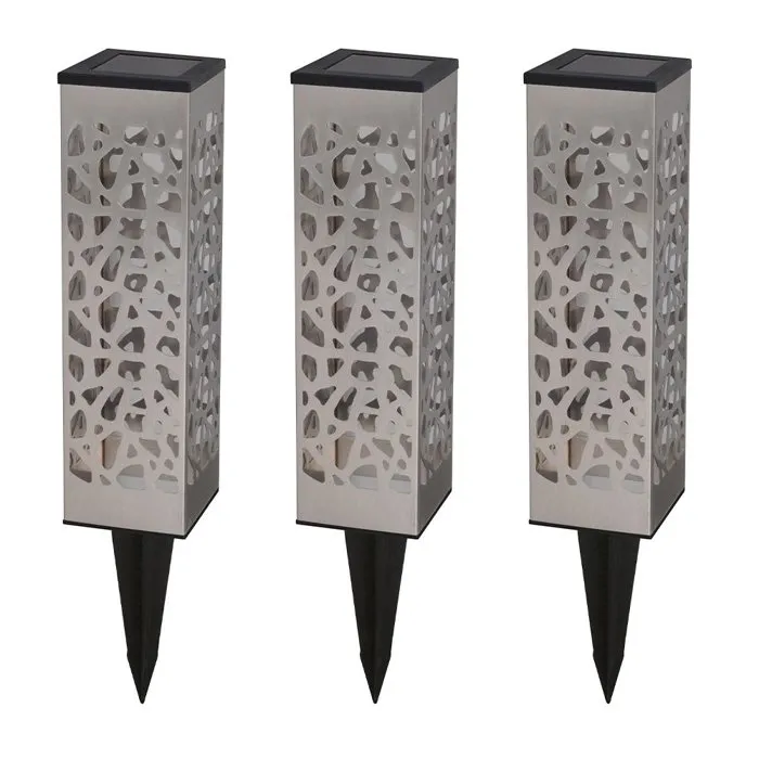 Lumisky Organic INOX - Lot de 3 balises solaires LED blanc chaud pour jardin - Inox - Hauteur 31 cm - IP44 - Autonomie 7h