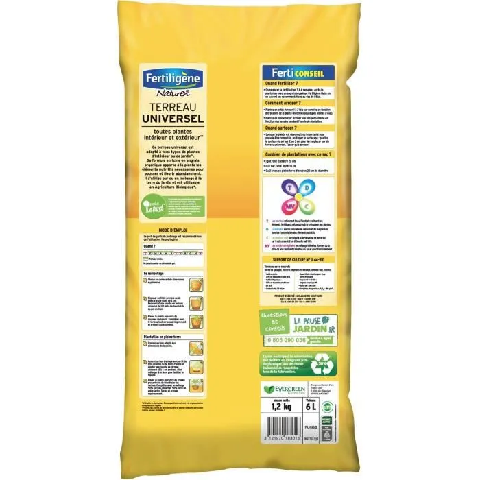 Fertiligene Terreau Universel FUNI6P 6 L - Support de culture pour plantes intérieur et extérieur, enrichi en engrais organique, agriculture biologique, fabriqué en France