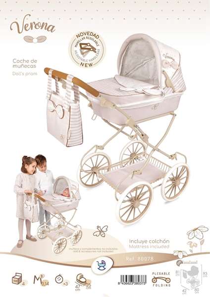 Verona Coche de muñeca plegable - Landau de poupée pliable pour poupées jusqu'à 48 cm, dimensions 42 x 80 x 81 cm
