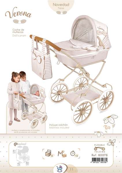Verona Coche de muñeca plegable - Landau de poupée pliable pour poupées jusqu'à 48 cm, dimensions 42 x 80 x 81 cm