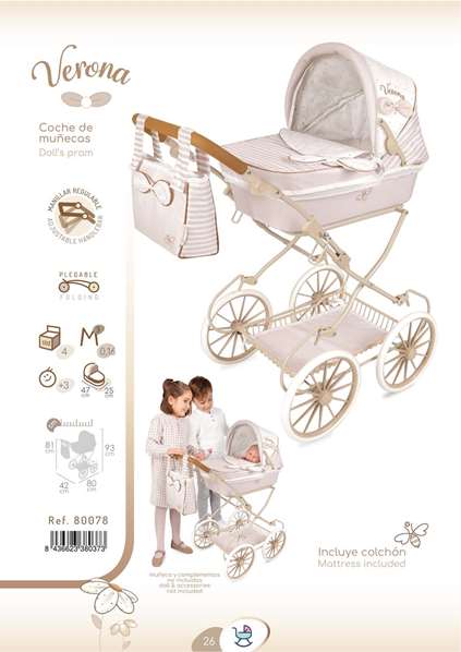 Verona Coche de muñeca plegable - Landau de poupée pliable pour poupées jusqu'à 48 cm, dimensions 42 x 80 x 81 cm