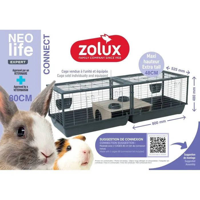 ZOLUX Cage Néolife Connect pour cochon d'Inde et rongeurs, gris, 80 x 52.5 x 48 cm, modulable avec accessoires inclus