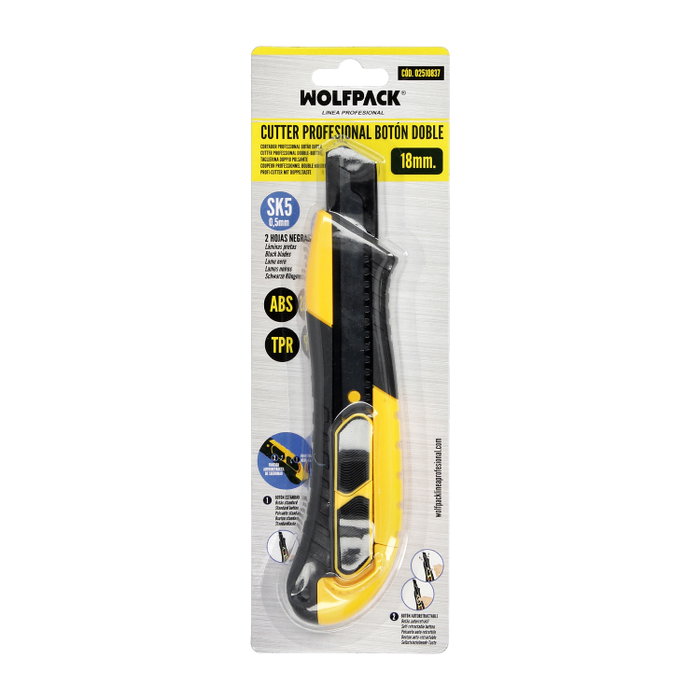 WOLFPACK LINEA PROFESIONAL Cutter 18 mm avec lames acier SK5 noir et bouton autorétractable