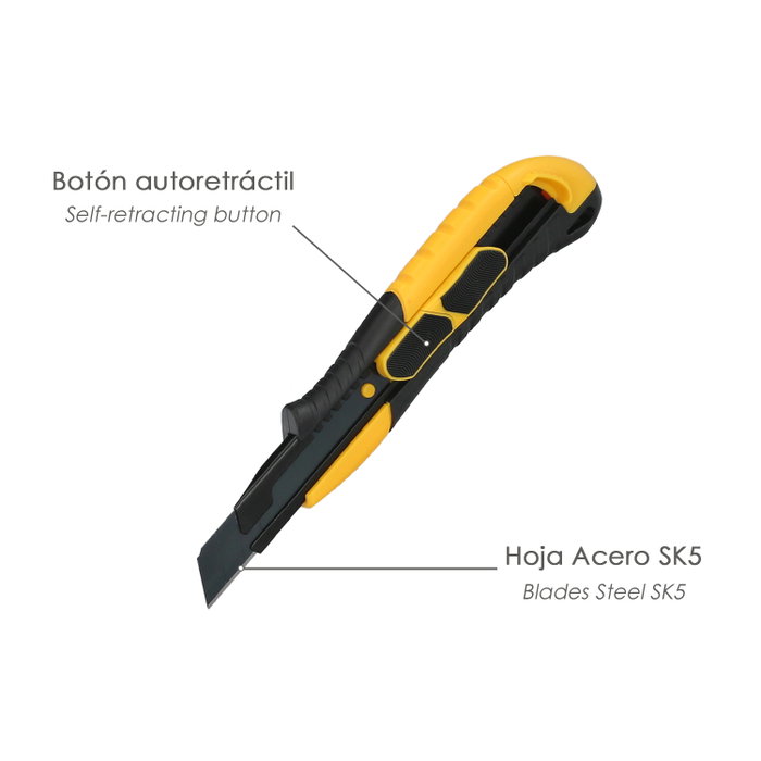 WOLFPACK LINEA PROFESIONAL Cutter 18 mm avec lames acier SK5 noir et bouton autorétractable