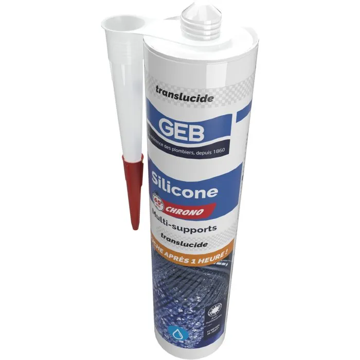 GEB Mastic silicone sanitaire multi-supports 60 Chrono - Séchage ultra-rapide 60 min - Translucide - Cartouche 280 ml