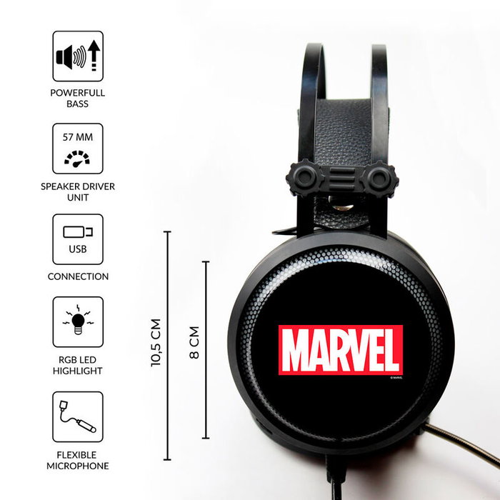 Marvel Casque de jeu avec son surround 7.1 virtuel, micro flexible, éclairage LED et connexion USB/Jack 3,5 mm Marvel Casque de jeu avec son surround 7.1 virtuel, micro flexible, éclairage LED et connexion USB/Jack 3,5 mm