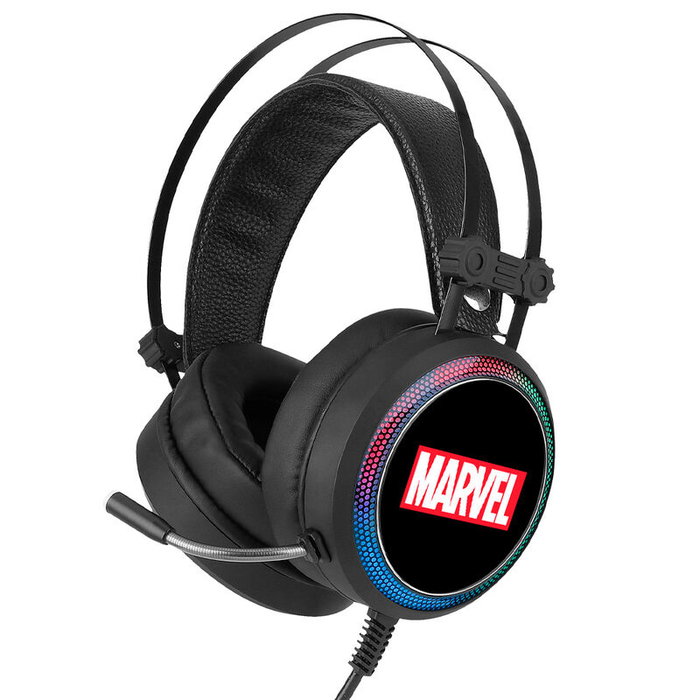 Marvel Casque de jeu avec son surround 7.1 virtuel, micro flexible, éclairage LED et connexion USB/Jack 3,5 mm Marvel Casque de jeu avec son surround 7.1 virtuel, micro flexible, éclairage LED et connexion USB/Jack 3,5 mm