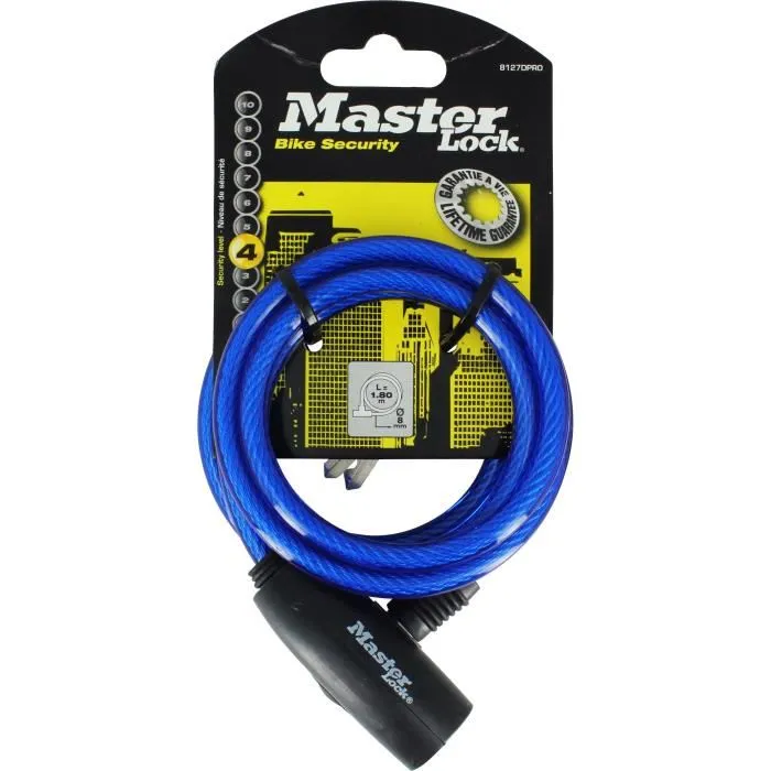 Master Lock Antivol câble bleu 1.8m x 8mm acier torsadé avec revêtement vinyle - Référence 8127EURDPRO - Garantie 2 ans