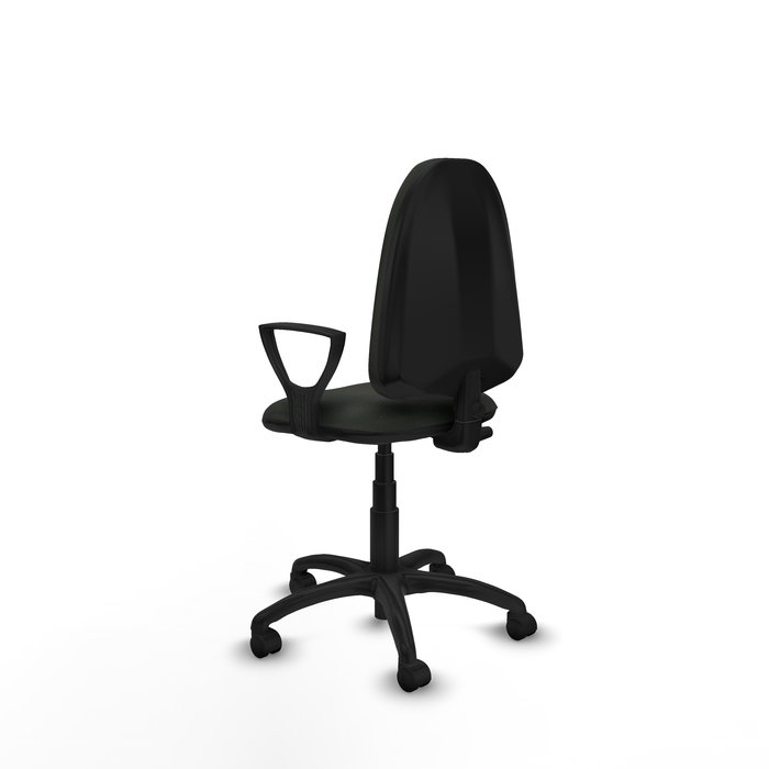 Chaise de bureau Aýna avec mécanisme de contact permanent de base, rembourrée de tissu noir. Équipée d'une base en polyamide noir, d'accoudoirs fixes et de roulettes en nylon de 50 mm.