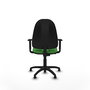 Chaise de bureau Algarra avec mécanisme de contact permanent de base, recouverte de tissu vert. Équipée d'une base en polyamide noir, d'accoudoirs 1D et de butées