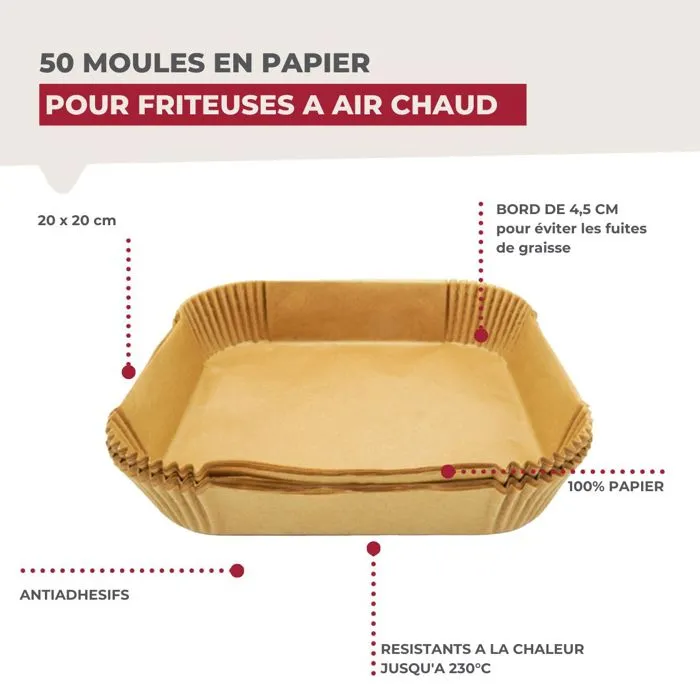 Fackelmann Lot de 200 Moules en Papier Carrés pour Air Fryer 20 x 20 cm - Revêtement Antiadhésif