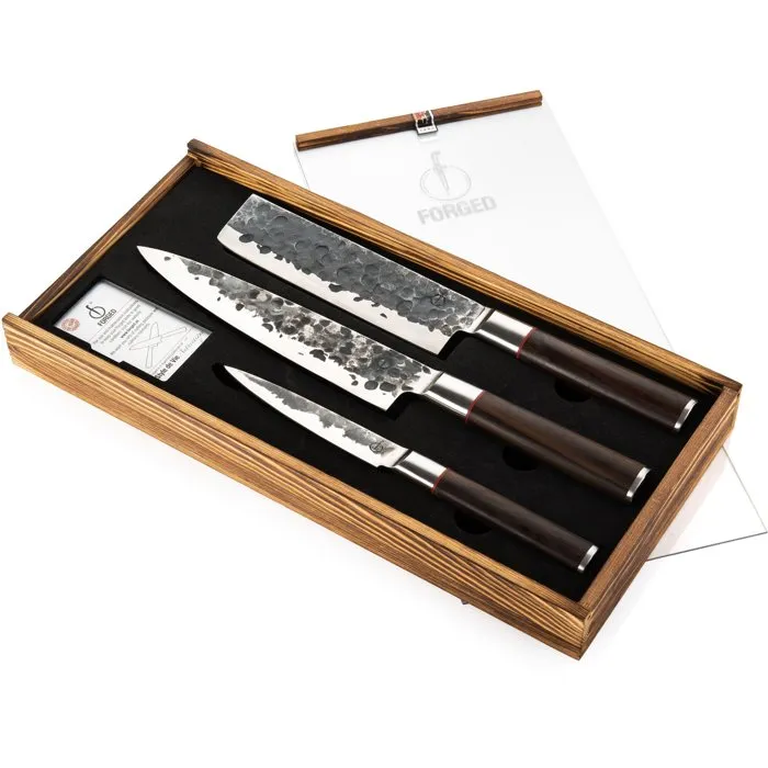 Forged Sebra - Set de 3 couteaux de cuisine en acier japonais 440C à manche en bois Dalbergia - Couteau de chef 20,5 cm, hache 17,5 cm, universel 12,5 cm