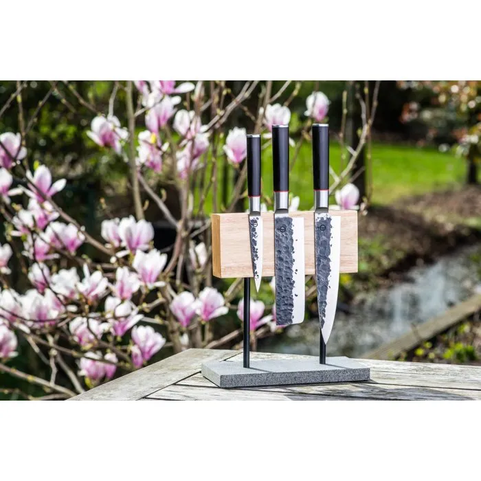Forged Sebra - Set de 3 couteaux de cuisine en acier japonais 440C à manche en bois Dalbergia - Couteau de chef 20,5 cm, hache 17,5 cm, universel 12,5 cm
