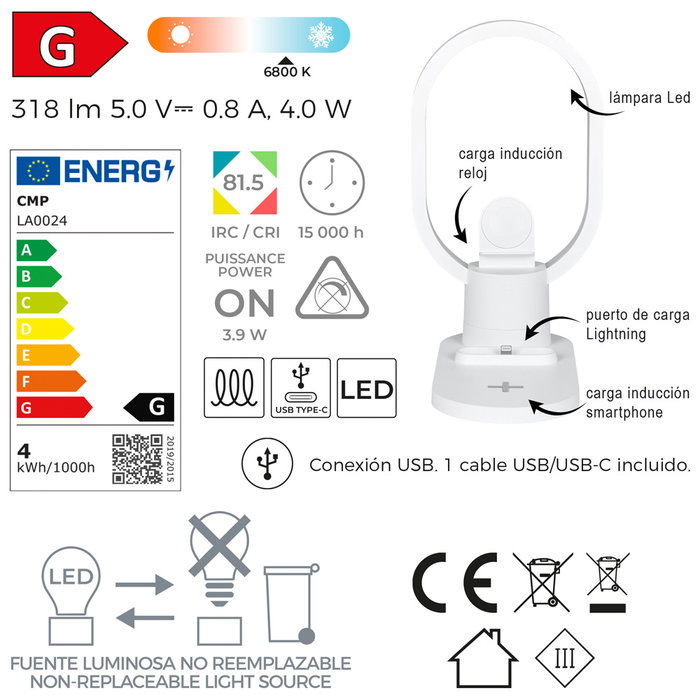 Home Deco Factory Lampe LED avec base de charge induction 3-en-1