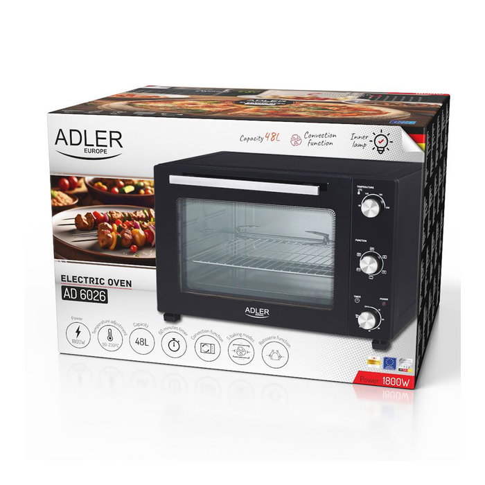 Adler AD 6026 Four électrique 1800 W 48 L Acier inoxydable Noir 2 fonctions Convection et Rôtissoire