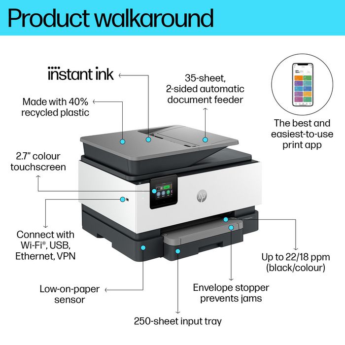 HP OfficeJet Pro 9120e - Imprimante tout-en-un couleur avec impression, copie, scan, fax, écran tactile, recto verso et Wi-Fi - Jusqu'à 22 ppm