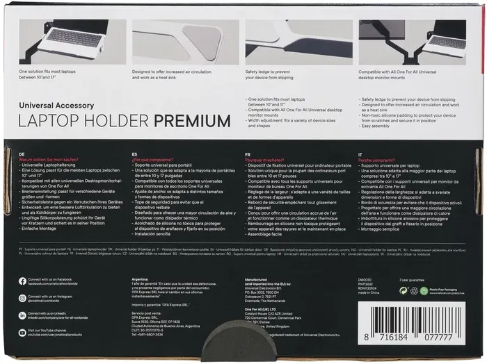 One For All - Support VESA 75 pour ordinateur portable 10" à 17" (max 9 kg) avec réglage de largeur et rebord de sécurité