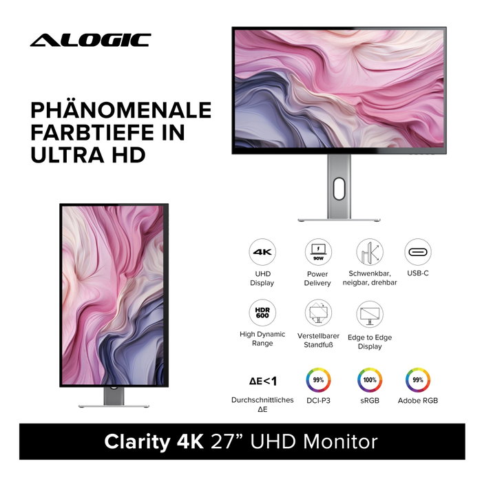 Alogic Clarity 27 UHD 4K Monitor avec 90W 27F34KCPD Silver