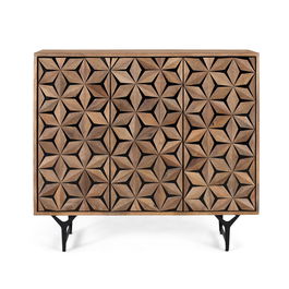 Buffet en Bois de Mango Massif avec Portes Sculptées à la Main, Design Contemporain Rustique sur Pieds en Fer Noir - 3 Portes, Étagères Intérieures