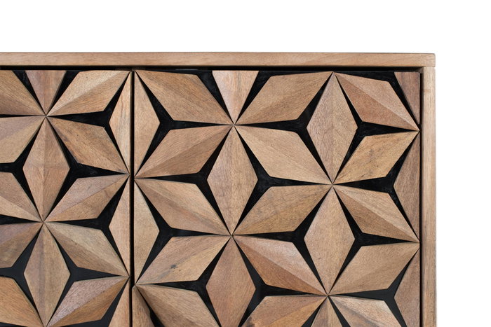 Buffet en Bois de Mango Massif avec Portes Sculptées à la Main, Design Contemporain Rustique sur Pieds en Fer Noir - 3 Portes, Étagères Intérieures