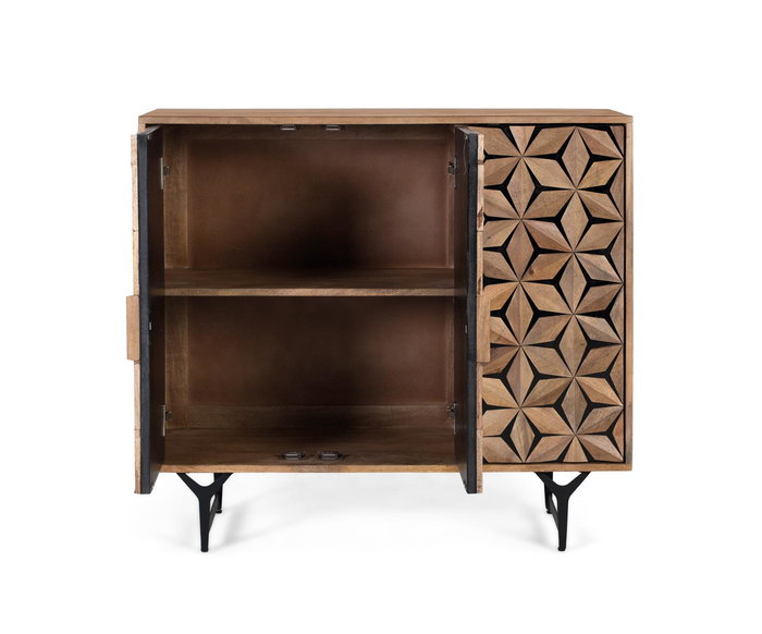 Buffet en Bois de Mango Massif avec Portes Sculptées à la Main, Design Contemporain Rustique sur Pieds en Fer Noir - 3 Portes, Étagères Intérieures