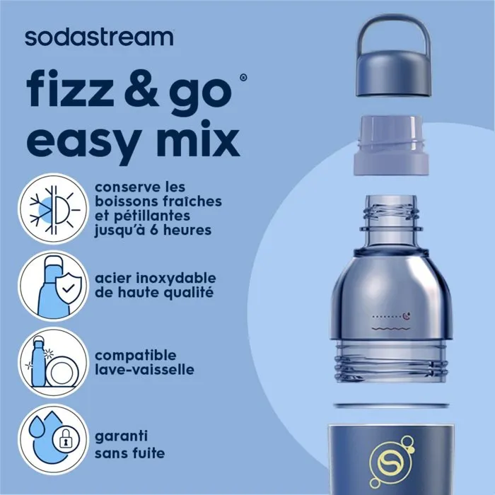 SodaStream Fizz&Go Easy-Mix - Bouteille isotherme 0,71 L en acier inoxydable pour machine à eau pétillante - Garde le froid 6h - Bleu