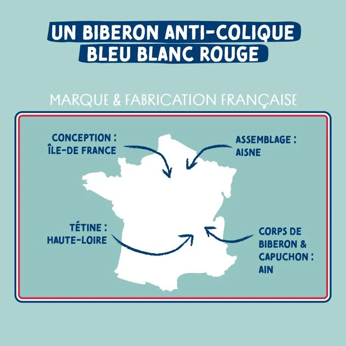 Dodie Biberon anti-colique Mathilde Cabanas - 330 ml, tétine plate, débit 3 - Pour bébés de 0 à 6 mois - Transparent