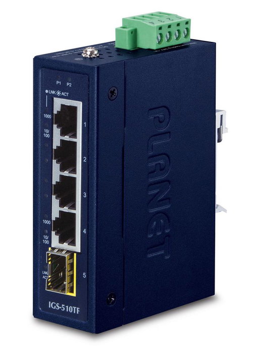 Planet IGS-510TF - Commutateur Ethernet industriel Gigabit 5 ports (4 RJ45 + 1 SFP) avec alimentation 9-48V DC, IP30 pour environnements difficiles Planet IGS-510TF - Commutateur Ethernet industriel Gigabit 5 ports (4 RJ45 + 1 SFP) avec alimentation 9-48V DC, IP30 pour environnements difficiles