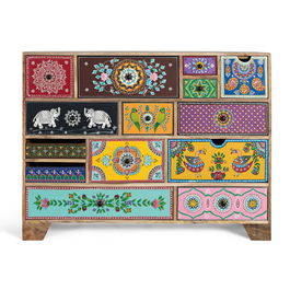 GINER Y COLOMER Commode peinte à main avec motifs de fleurs, éléphants et figures géométriques en bois de manguier - 120 x 40 x 90 cm, Multicolore