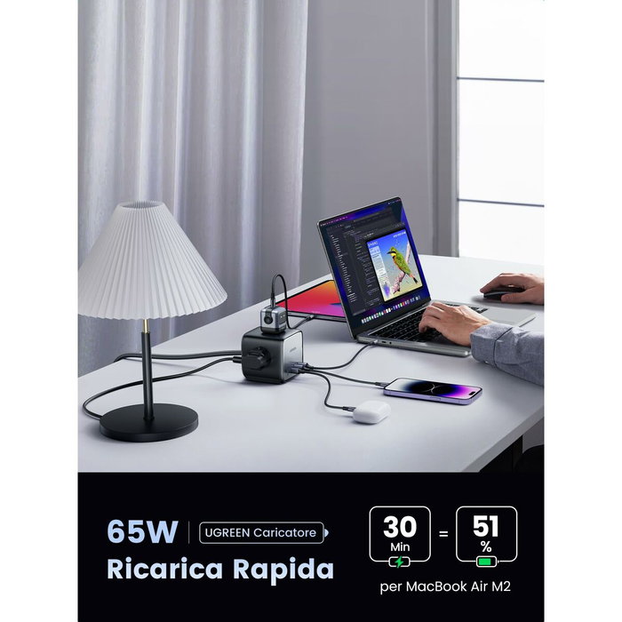 UGREEN Chargeur de bureau rapide 65W avec prises intégrées - Gris et Noir UGREEN Chargeur de bureau rapide 65W avec prises intégrées - Gris et Noir