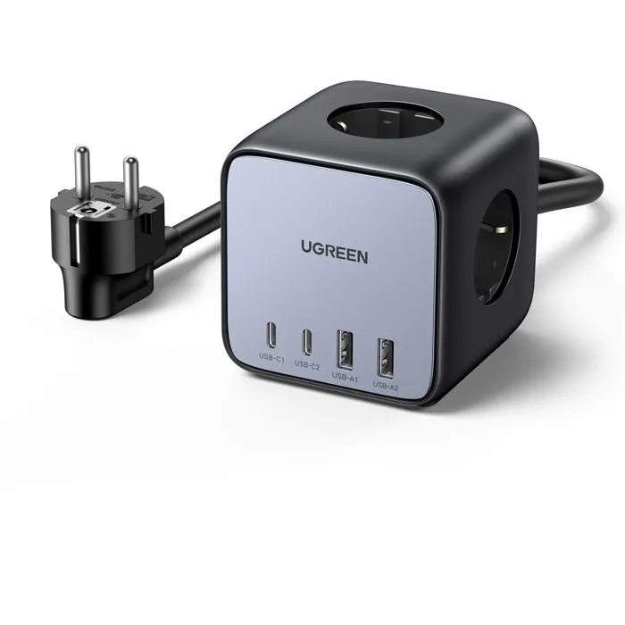 UGREEN DigiNest Cube Multiprise 3 prises AC + 2 ports USB-C + 2 ports USB-A Charge Rapide 65W 1.8m Gris/Noir