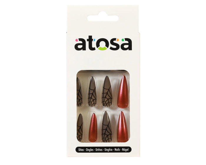 Atosa Ongles Postiches Halloween Rouges et Noires avec Toiles d'Araignée Atosa Ongles Postiches Halloween Rouges et Noires avec Toiles d'Araignée