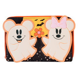 Loungefly Portefeuille Disney Mickey et Minnie Mouse fantômes floraux, avec fermeture éclair, 5 slots pour cartes, détails dorés roses et brillants dans le noir, 15x10 cm