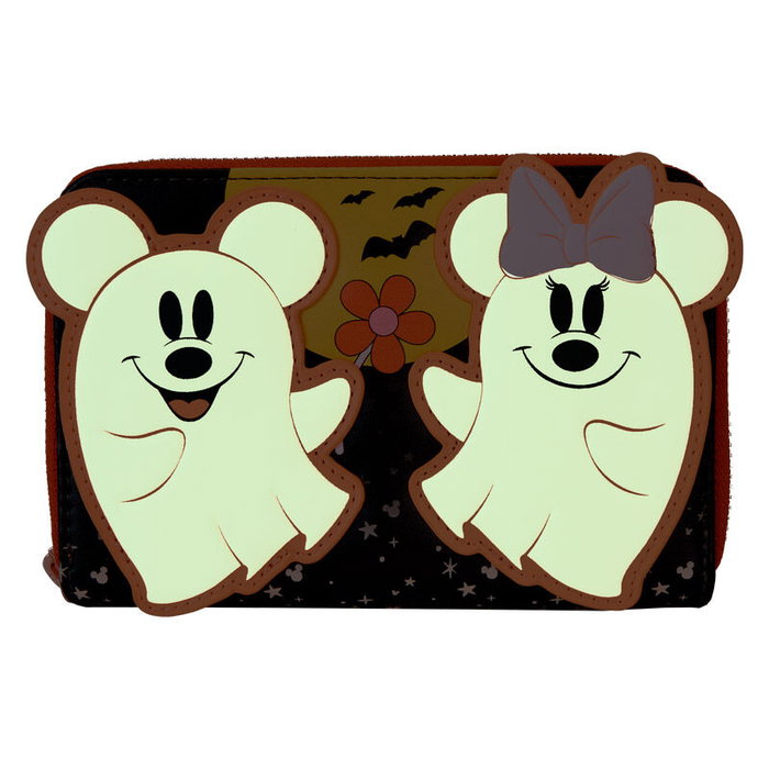 Loungefly Portefeuille Disney Mickey et Minnie Mouse fantômes floraux, avec fermeture éclair, 5 slots pour cartes, détails dorés roses et brillants dans le noir, 15x10 cm