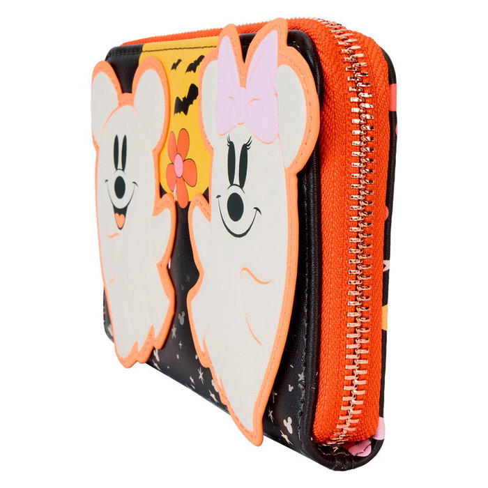 Loungefly Portefeuille Disney Mickey et Minnie Mouse fantômes floraux, avec fermeture éclair, 5 slots pour cartes, détails dorés roses et brillants dans le noir, 15x10 cm