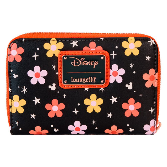 Loungefly Portefeuille Disney Mickey et Minnie Mouse fantômes floraux, avec fermeture éclair, 5 slots pour cartes, détails dorés roses et brillants dans le noir, 15x10 cm